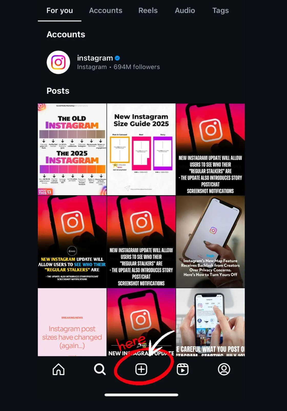 Create a new Instagram post from the plus button
