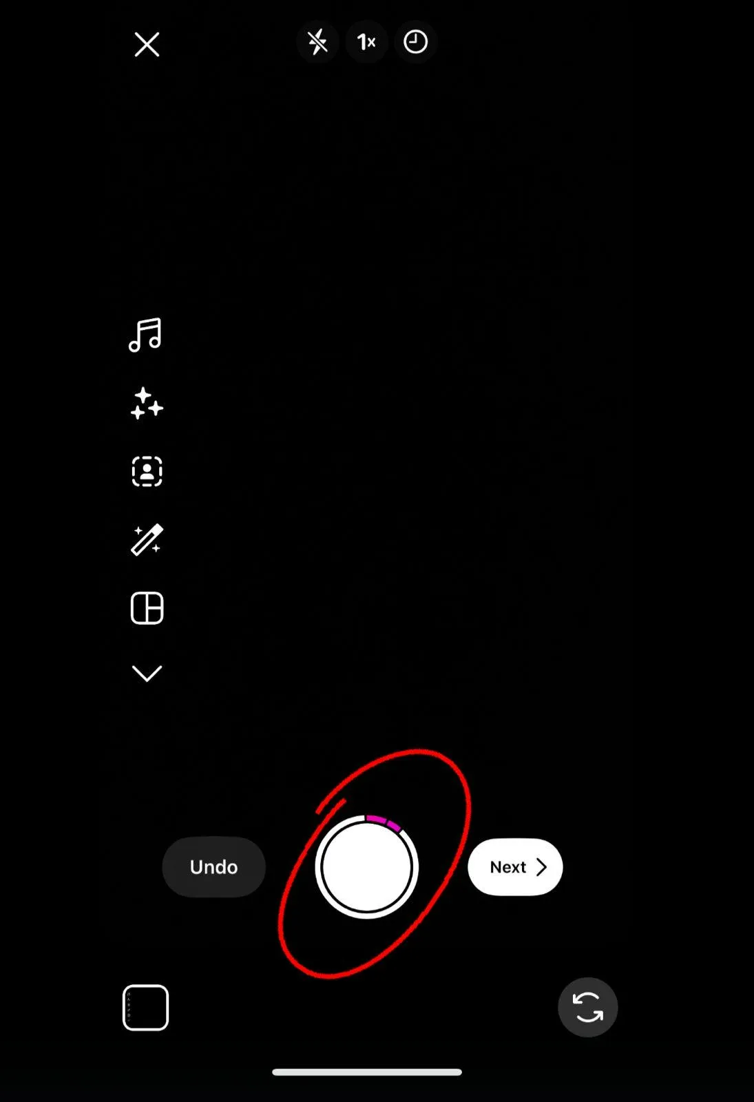 Press and hold the record button to record a Reel