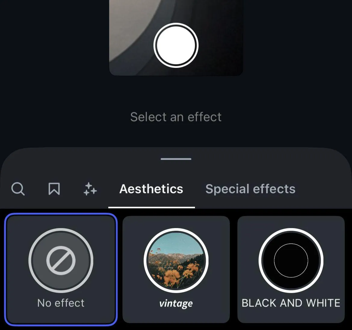 Tap the sparkly icon to browse effects, filters, and transitions